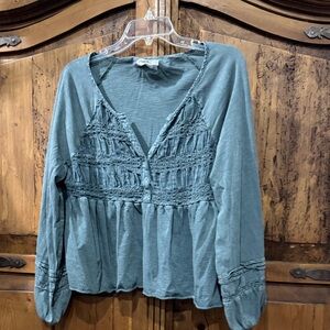Lucky Brand green Crochet-Paneled Peasant Blouse